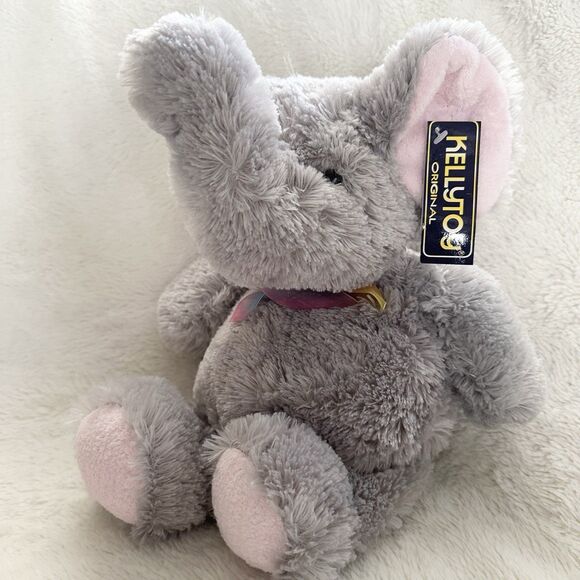 Kellytoy Grey Elephant 14” Pink Ribbon Plush Soft Stuffed Animal Doll - Picture 1 of 5